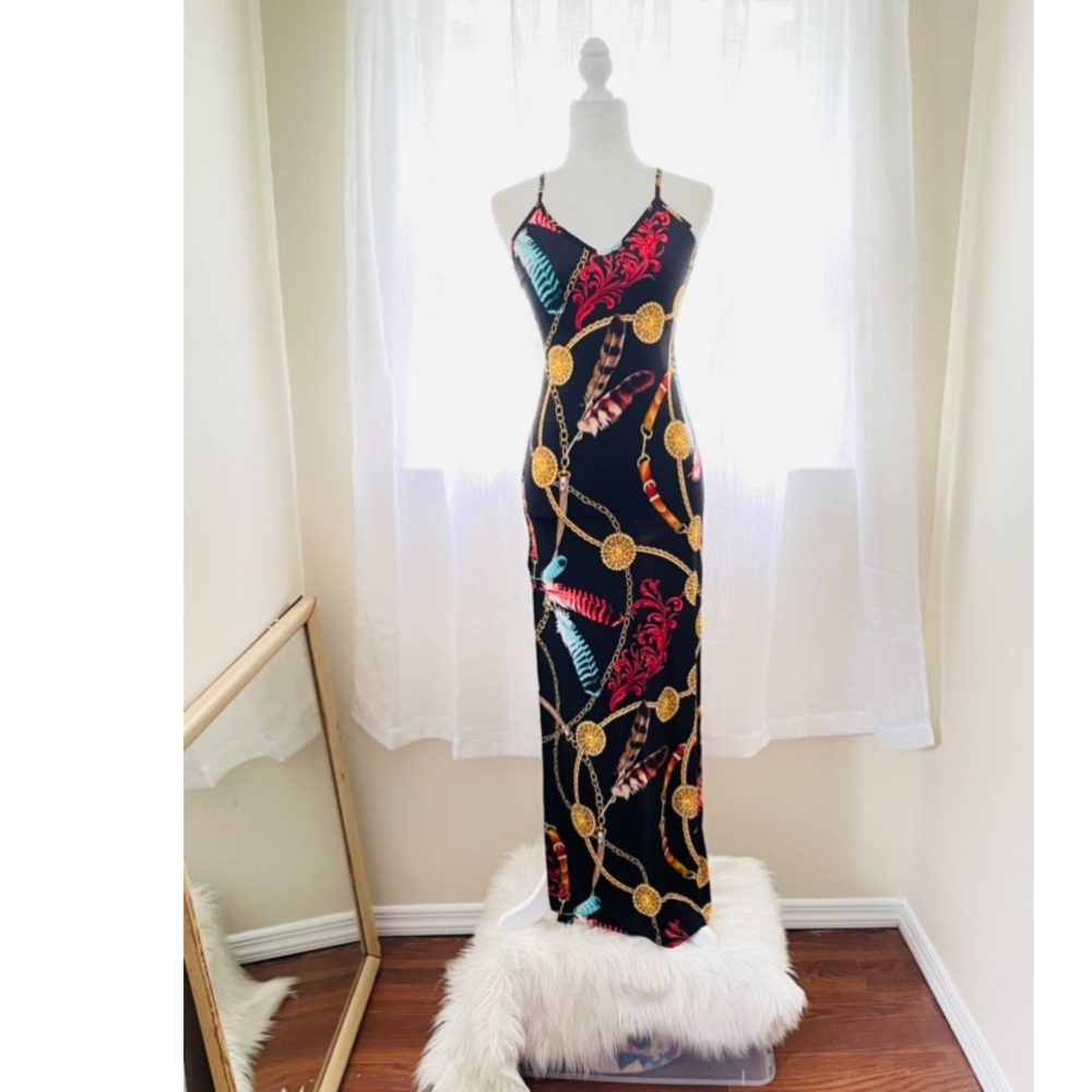 Boho sexy Feather, buckle & chain printed slinky stretch side slit maxi dress